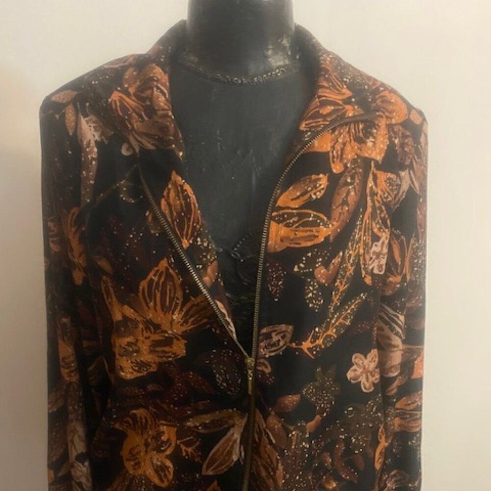 Blair Black/Brown/Orange Zip front Floral print bomber jacket, size M